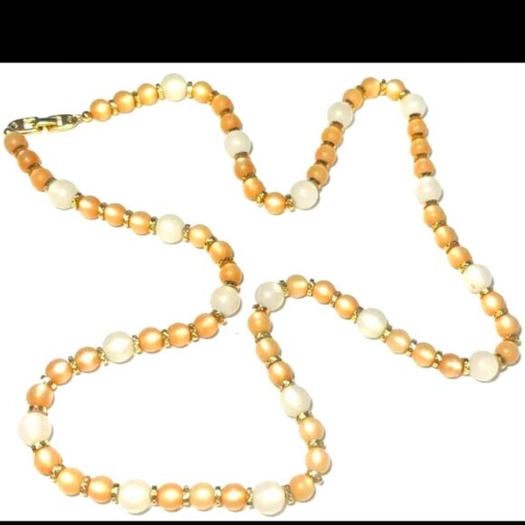 Vtg Jewelry Necklace SIGNED NAPIER Peach Orange Gold Tn Moon Glow Bead 22" - Picture 1 of 1